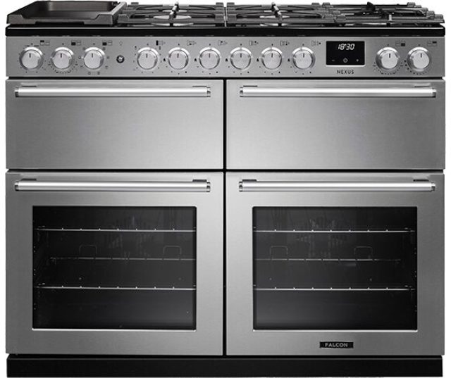 Falcon NEXUS NEXB110DFSTST/CM_E1 gaskookstoof vooraanzicht, grijs model met twee ovens en twee warmhoudlades