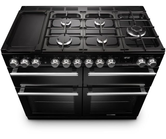 Bovenaanzicht gaskookstoof variant zwart met alle gasbranders, grillplaat en warmhoudveld zichtbaar