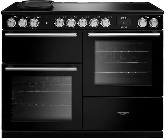 Falcon NEXO110EIPCBL/CM_E1 fornuis, vooraanzicht zwart met dubbele oven en kookplaat
