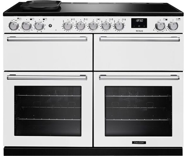 Falcon NEXO110EISTST fornuis wit model vooraanzicht met dubbele ovens en grillplaat