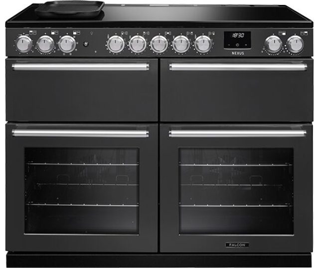 Falcon NEXB110EIPSLT/CM_E1 vooraanzicht zwart fornuis met twee ovens en vier gasvlammen