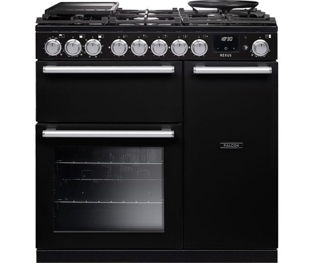Falcon Nexus 2026 90 Gas fornuis, zwart, vooraanzicht met gaskookplaat en twee ovens