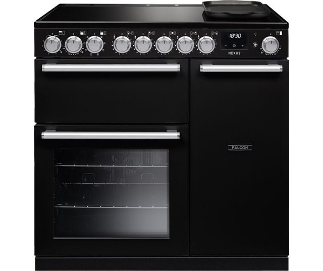 Falcon Nexus 2026 90 fornuis zwart vooraanzicht met bedieningspaneel en twee ovens