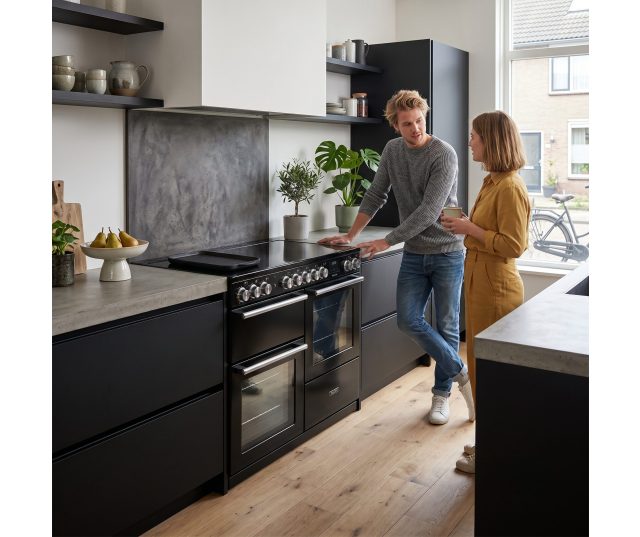 Falcon Nexus 2026 90 fornuis met beide ovendeuren geopend, zichtbare roosters en interieur