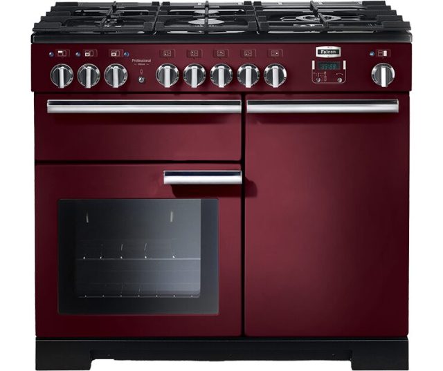 Falcon Professional Deluxe 100 Gas Burgundy fornuis, vooraanzicht in bordeaux rood
