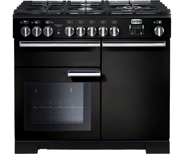 Falcon Professional Deluxe 100 Gas Black fornuis, vooraanzicht in zwart met open ovendeur
