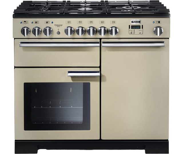 Falcon Professional Deluxe 100 Gas fornuis beige vooraanzicht met gasveldkookplaat en dubbele oven
