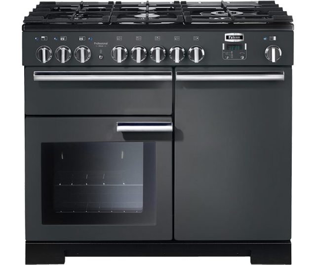 Falcon Professional Deluxe 100 Gas fornuis donkergrijs vooraanzicht met gasveldkookplaat en oven