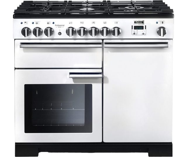 Falcon Professional Deluxe 100 Gas fornuis wit vooraanzicht met gasveldkookplaat en geopende oven