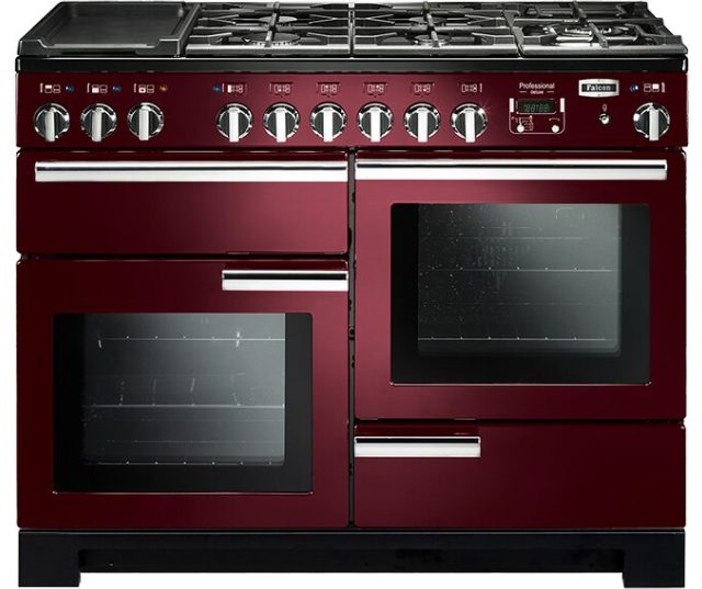 Falcon Professional Deluxe 110 Gas fornuis bordeaux, vooraanzicht met gaskookplaat en twee ovens