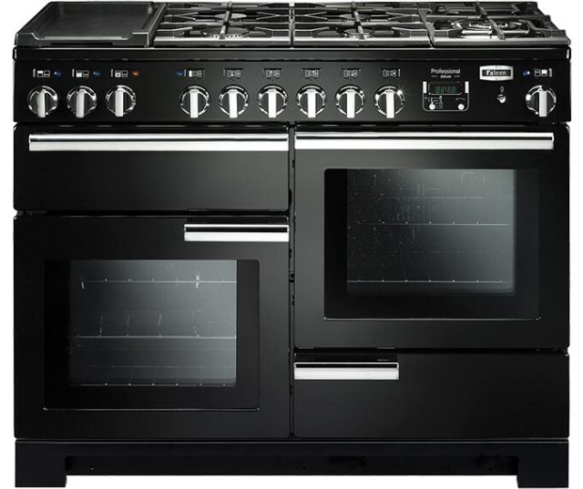 Falcon Professional Deluxe 110 Gas fornuis zwart, vooraanzicht met gaskookplaat en twee ovens