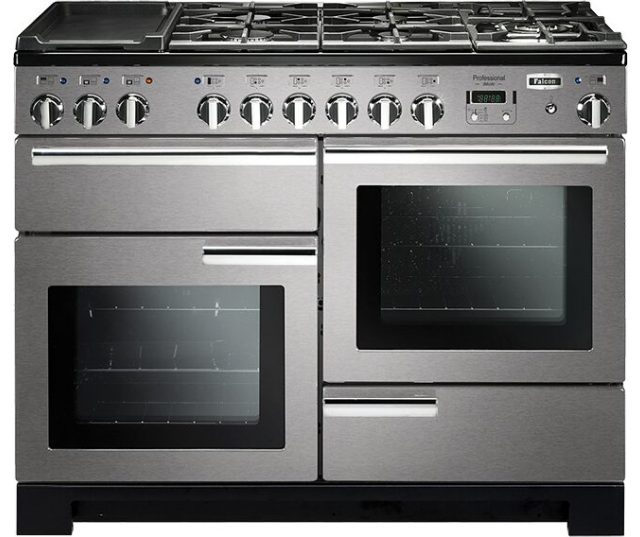 Falcon Professional Deluxe 110 Gas fornuis grijs, vooraanzicht met gaskookplaat en twee ovens