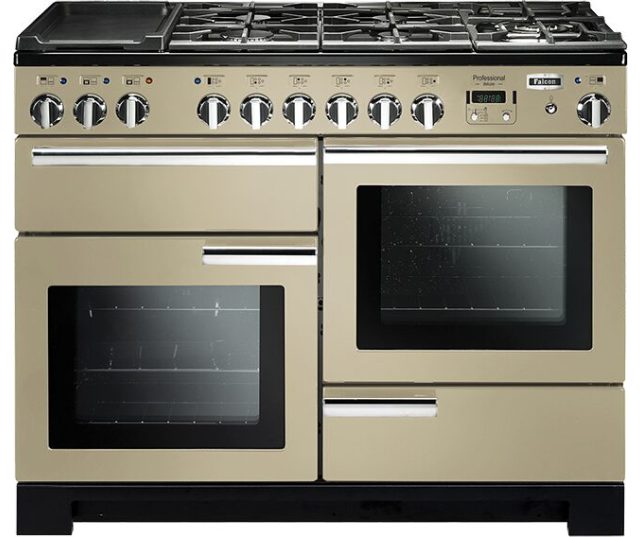 Falcon Professional Deluxe 110 Gas fornuis beige, vooraanzicht met gaskookplaat en twee ovens