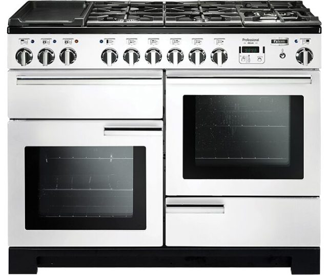 Falcon Professional Deluxe 110 Gas fornuis wit, vooraanzicht met gaskookplaat en twee ovens