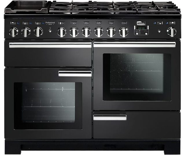 Falcon Professional Deluxe 110 Gas fornuis zwart, vooraanzicht met gasfornuis en twee ovens