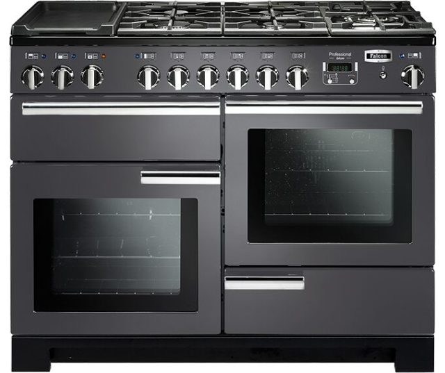 Falcon Professional Deluxe 110 Gas fornuis donkergrijs, vooraanzicht met gasfornuis en twee ovens