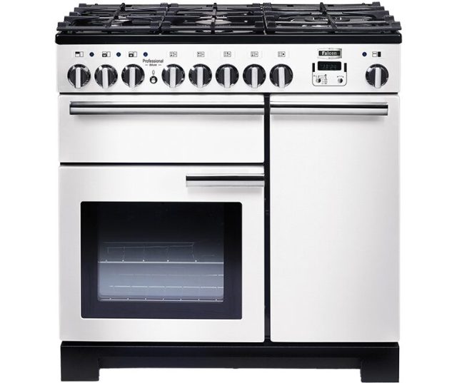Falcon PDL90DFCB/C_EU fornuis wit, vooraanzicht met gaskookplaat en dubbele oven