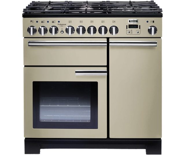 Falcon PDL90DFCB/C_EU fornuis champagne, vooraanzicht met gaskookplaat en dubbele oven