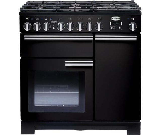 Falcon PDL90DFCB/C_EU fornuis zwart, vooraanzicht met gaskookplaat en dubbele oven