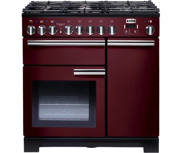Falcon Professional Deluxe 90 Gas fornuis bordeauxrood vooraanzicht met dubbele ovens