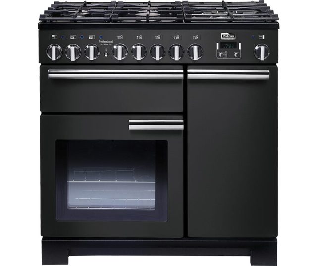 Falcon PDL90DFWH/C_EU fornuis vooraanzicht met zwart afwerking, gaskookplaat en dubbele oven
