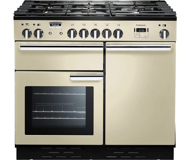 Falcon Professional+ 100 Gas Cream fornuis vooraanzicht in crèmekleur met gasfornuis en dubbele ovens