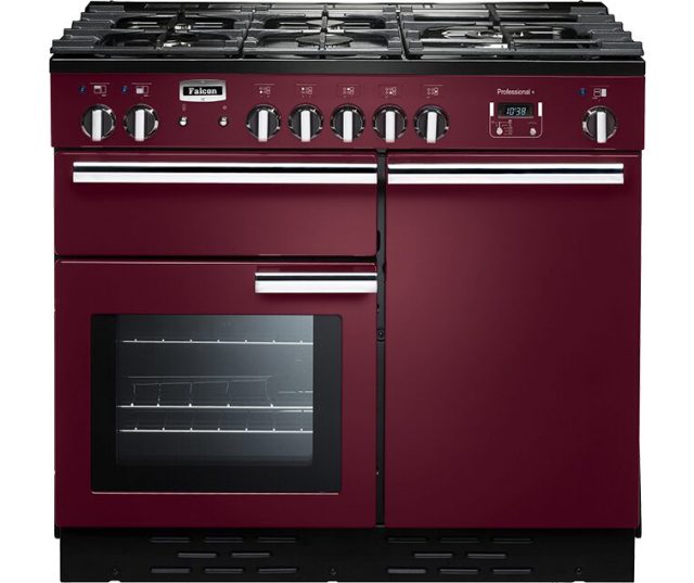 Falcon Professional+ 100 Gas Burgundy fornuis vooraanzicht in wijnrood met gasfornuis en dubbele ovens