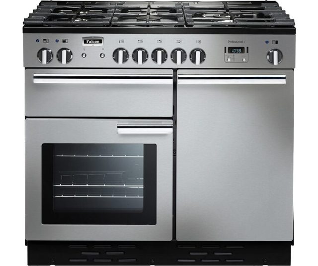 Falcon Professional+ 100 Gas fornuis zilver, vooraanzicht met gasplaat en twee ovens