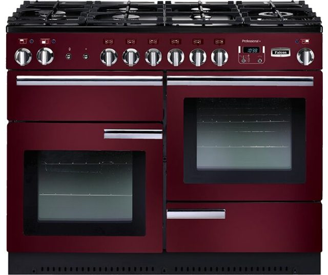 Falcon Professional+ 110 Gas fornuis cranberry, vooraanzicht met twee ovens en gaskookplaat