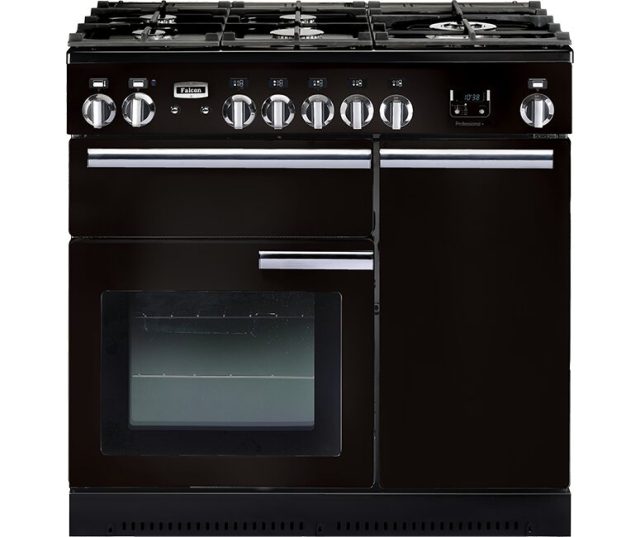 Falcon Professional+ 90 Gas fornuis zwart vooraanzicht met gasplaat, bedieningsknoppen en twee ovens