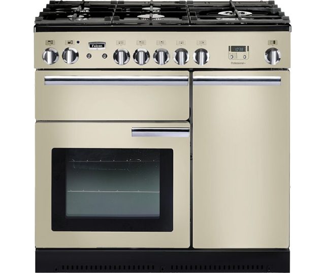 Falcon Professional+ 90 Gas fornuis creme volledige vooraanzicht met gasplaat en twee ovens