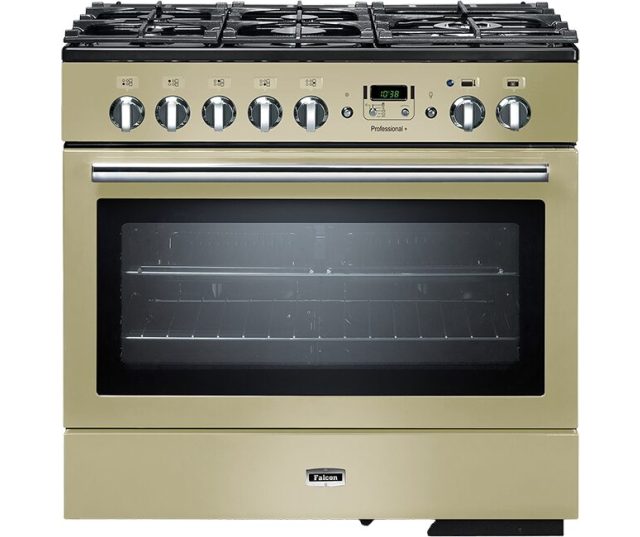 Falcon PROP90FXDFCR/C_EU fornuis crème vooraanzicht met gasfornuis en elektrische oven