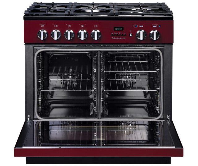 Falcon FXP 90 Gas Slate Chrome fornuis vooraanzicht met gesloten dubbele ovendeuren en gasbranders bovenzijde