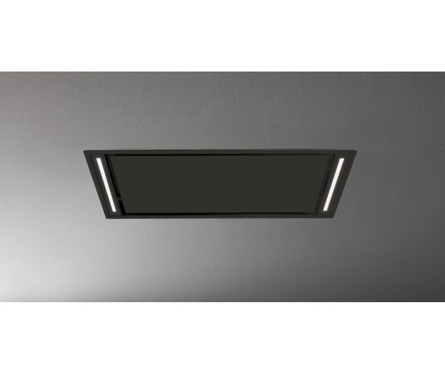 Falmec STELLSLIM90BL plafondafzuigkap, vooraanzicht met zwart frame en geïntegreerde LED-verlichting aan weerszijden