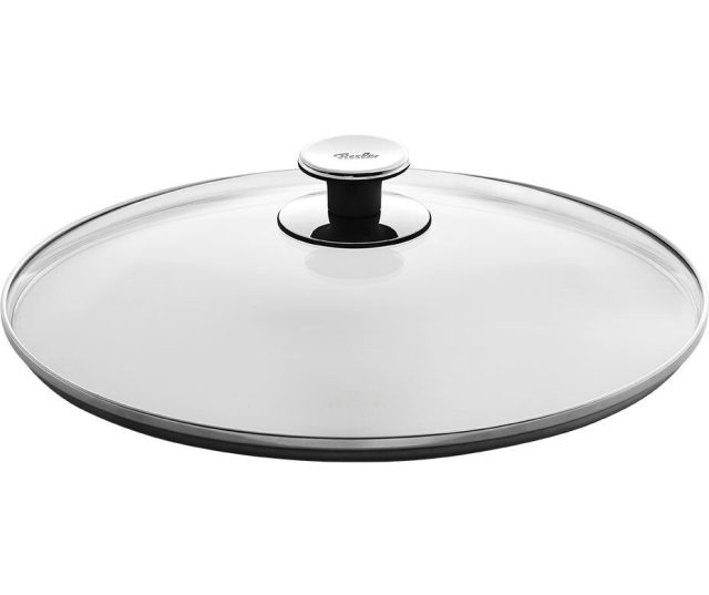 Fissler Deksel 20cm glazen pannendeckel met zwarte knop, opzij aanzicht