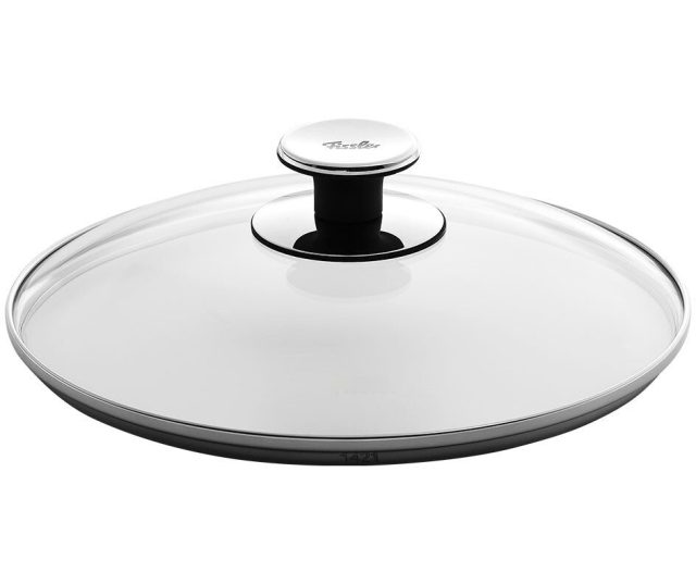 Fissler Deksel 28cm diagonaal aanzicht met glanzend oppervlak en knop