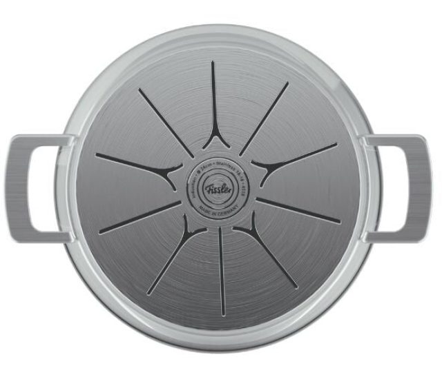Fissler Phi Collection kookpan 20cm bovenaanzicht deksel met ventilatieopeningen en Fissler-logo