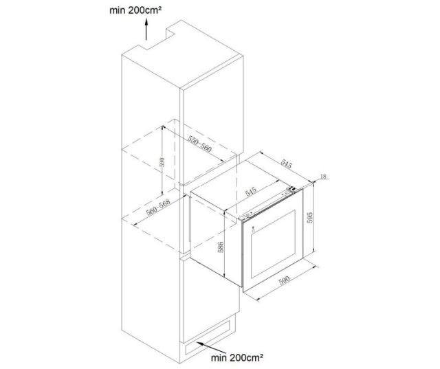 Technische tekening inbouw-afmetingen Frilec BERLINWSP1-32-GTE-012 wijnkoelkast