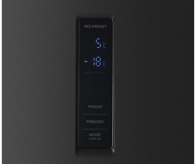 Frilec BONN-MD458-WS zwarte Amerikaanse koelkast vooraanzicht met ijsdispenser en LED-display
