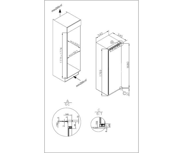 Frilec BREMEN280-E-NF-080E technische tekenin met installatieafmetingen en detail scharnieren