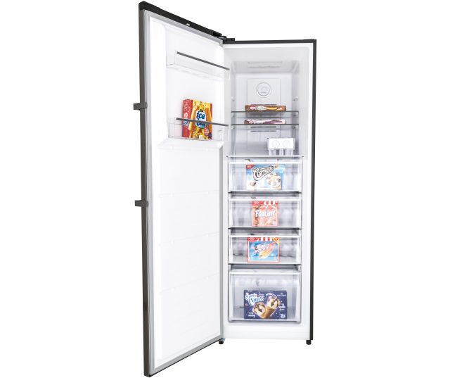 Frilec BREMEN295-NF-040CDI koelkast vrieskast, geopende deur met vrieslade vol ingevroren producten