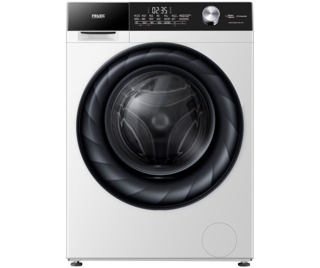 Frilec KOBLENZ8814WA-010 wasmachine vooraanzicht met gesloten deur, digitaal display en bedieningspaneel bovenaan