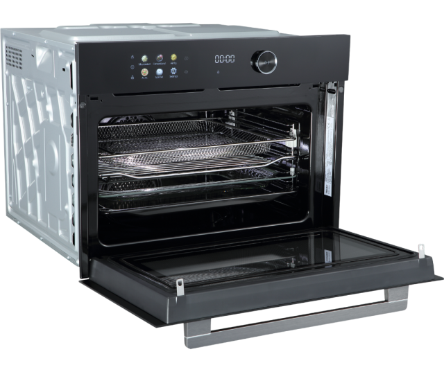 Frilec VESUVIO4550 oven met magnetron in perspectief met geopende deur en zichtbare oven-interieur met roosters