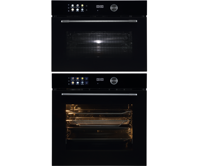 Frilec VESUVIO4550 magnetron en onderste oven in inbouwsituatie met geopende onderoven en verlichte interieur