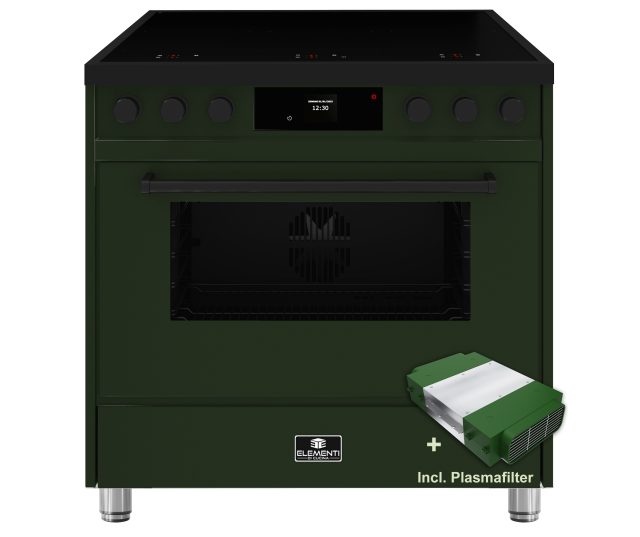 Strak vormgegeven groen Elementi di Cucina IM9034-PG-MZ-B fornuis met zwarte knoppen