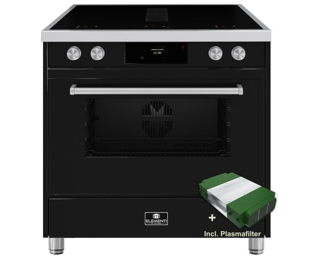 Zwart vrijstaand fornuis met afzuiging en elektrische oven – Elementi di Cucina