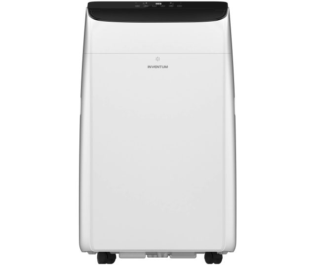 Inventum AC126WH mobiele airco, frontaal bovenaanzicht met wielen en afvoerslang-aansluiting