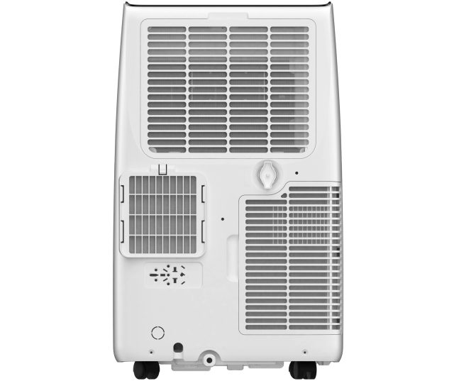 Inventum AC126WH mobiele airco, achterkant met luchtuitlaat en condensaatdrainageonderdelen