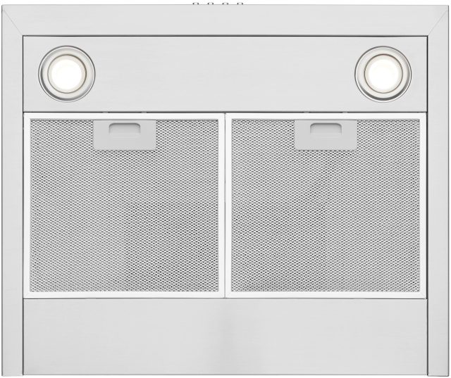 Inventum AKB6000RVS afzuigkap frontaal detail met twee ronde verlichte elementen en mesh-filters