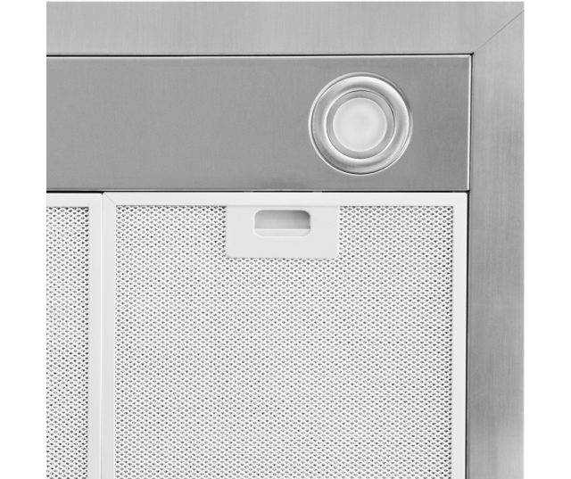 Inventum AKB6000RVS afzuigkap detail rechterbovenzijde met ronde LED-verlichting en filteroppervlak